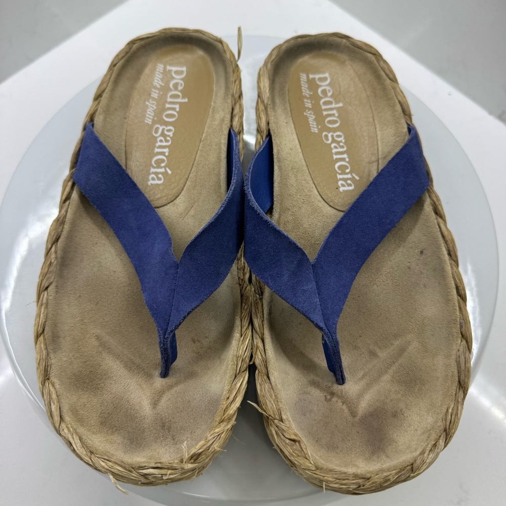 Pedro Garcia Blue Raffia Espadrilles with Tan Footbed Size 6.5 US/ 36.5EU